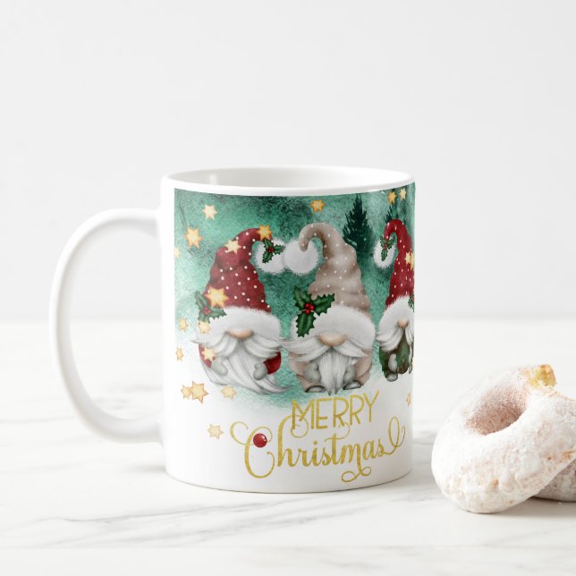 Caneca De Café Floresta de Natal Feliz dos Três Gnomos (Com Donut)