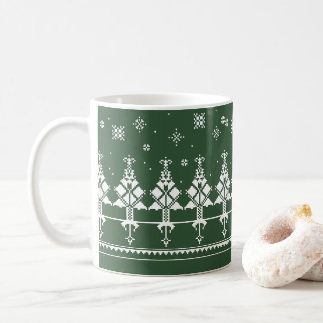 Caneca De Café Floresta Eslava de inverno | Folk Art Green e Whit (Com Donut)