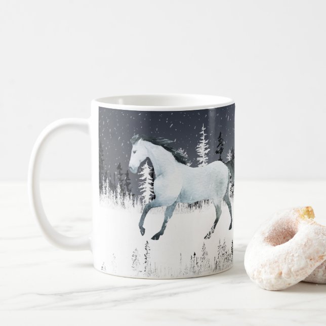 Caneca De Café Floresta Neve Céu Branco Selvagem de Cavalo (Com Donut)