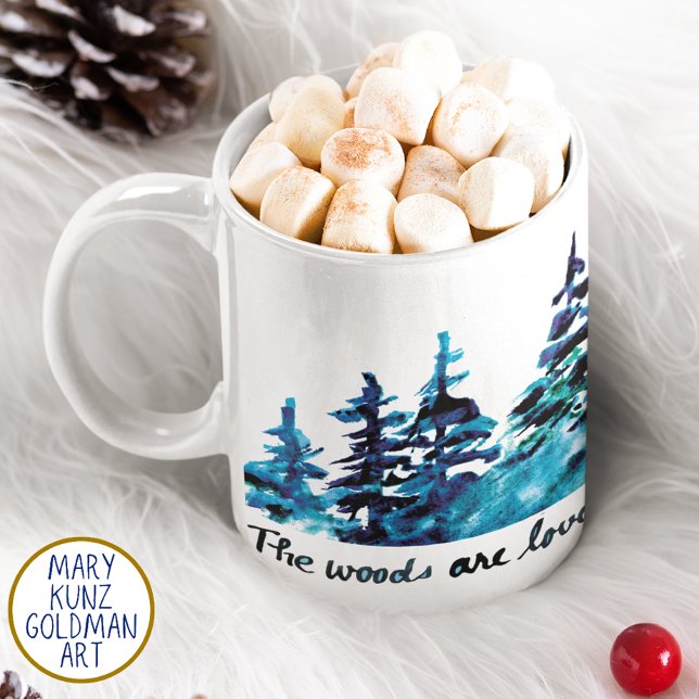 Caneca De Café Floresta Rústica de Pinheiro Robert Frost Watercol (The Robert Frost poem was lettered using a Victorian-era dip pen and American-made deep green ink.)