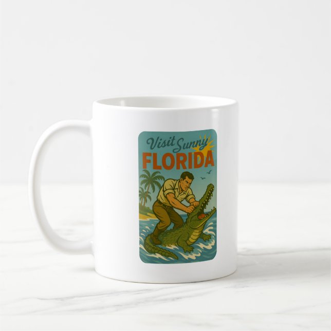 Caneca De Café Florida Alligator Wrestling | Funny Retro Coastal (Esquerda)