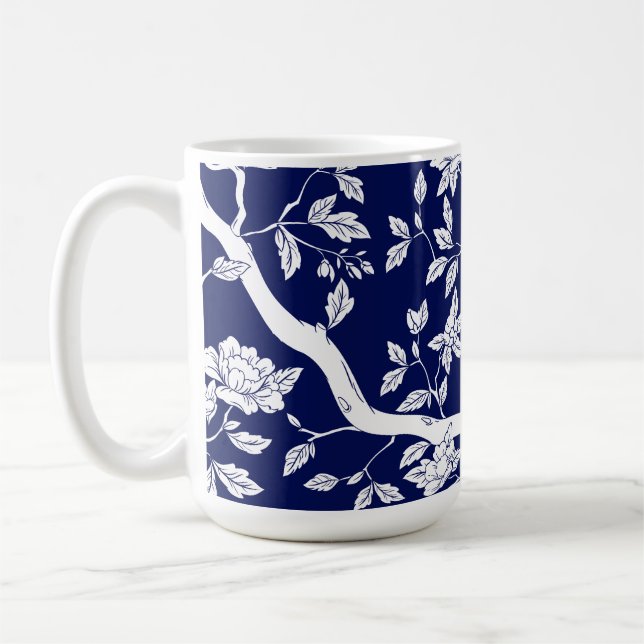 Caneca De Café Florim de Chinoiserie Elegante Azul e Branco (Esquerda)