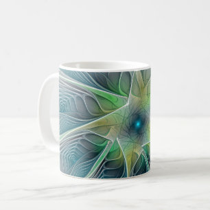 Caneca De Café Flourando Fantasia Moderna Azul Flor Fractal Verde