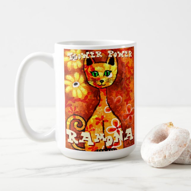 Caneca De Café Flower Power Retro Whimsical Cat Personalized (Com Donut)