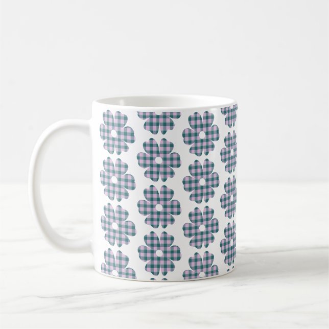 Caneca De Café Flower Shape Plaid Pink Teal (Esquerda)