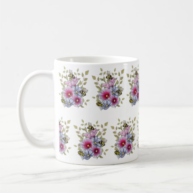 Caneca De Café FLOWERS & BEES Digital Drawing, Pink Hollyhocks (Esquerda)