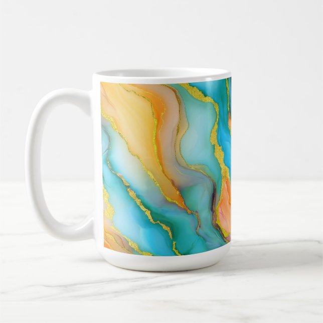 Caneca De Café Flowing  Marble Effect  in Teal, Orange and Gold (Esquerda)