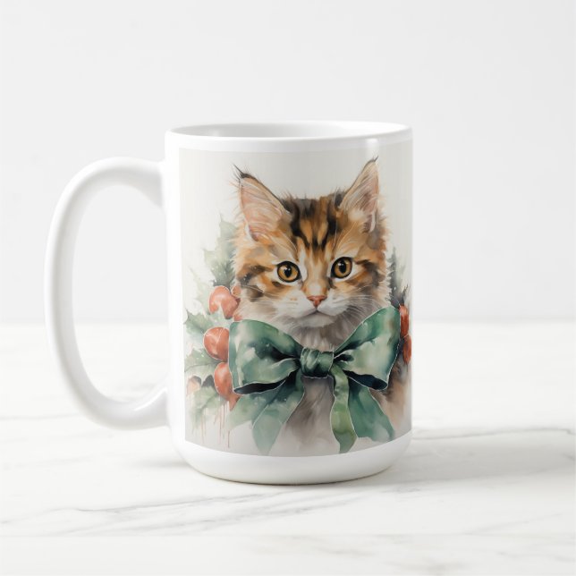 CANECA DE CAFÉ FLUFFFFY HOLIDAY CALICO KITTEN COM ARCO VERDE (Esquerda)