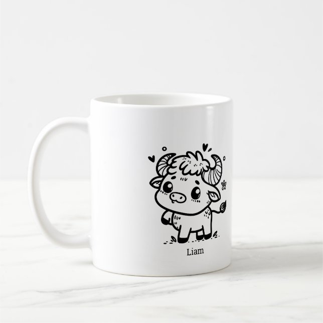 Caneca De Café Fluffy Buffalo Baby - Kawaii Fazenda Animal (Esquerda)