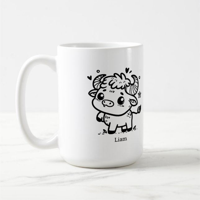 Caneca De Café Fluffy Buffalo Baby - Kawaii Fazenda Animal (Esquerda)