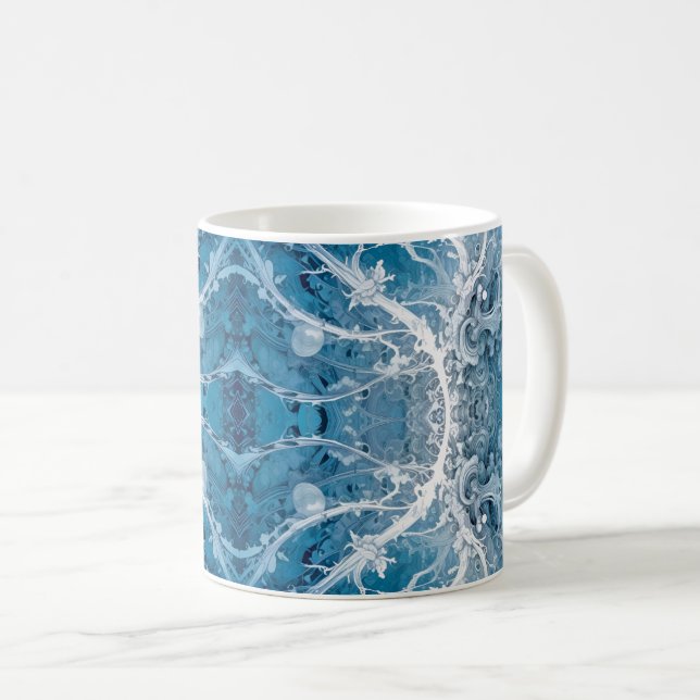 Caneca De Café Fluxo Cósmico Sagrado - Simetria de Prata Azul (Frente Esquerda)