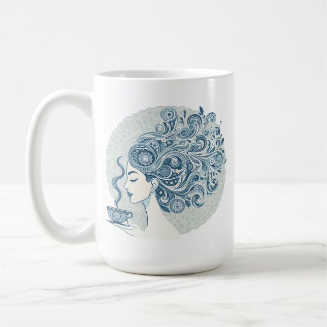 Caneca De Café Fluxo de arte feminina - Fusão de Azulejo azul (Esquerda)