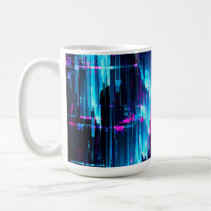 Caneca De Café Fluxo de Dados de Glitch Neon Abstrato