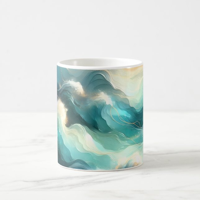 Caneca De Café Fluxo Dourado Oceânico Ondas Abstratas (Centro)