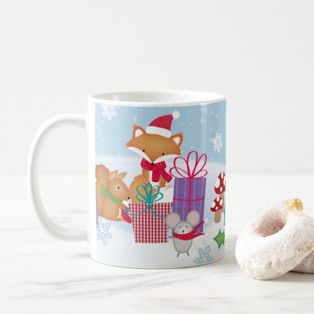 Caneca De Café Fofo natalino, animais de madeira de inverno (Com Donut)