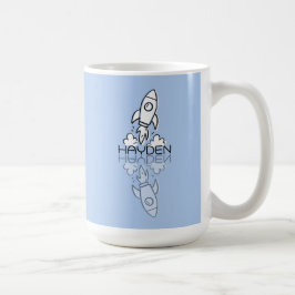 Caneca De Café Foguete Azul Fofo Reflexo Doodle Nome Personalizad