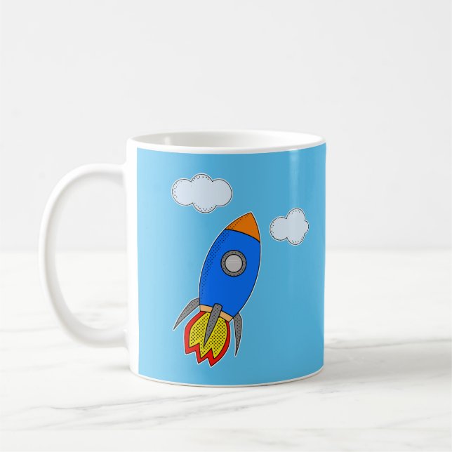 Caneca De Café Foguete Espacial do Cartoon no Céu Azul (Esquerda)