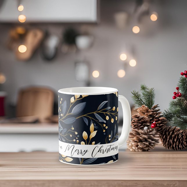 Caneca De Café Folha De Natal Azul E Dourada Moderna (Gold and Blue Leaf Merry Christmas Coffee Mug)