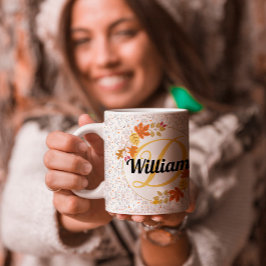 Caneca De Café Folha de Outono Monogramada e Nome Personalizado