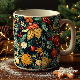 Caneca De Café Folhagem clássica de Natal com ornamentos vermelho