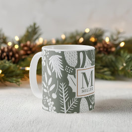 Caneca De Café Folhagem de Natal de Inverno Família Monograma Ver
