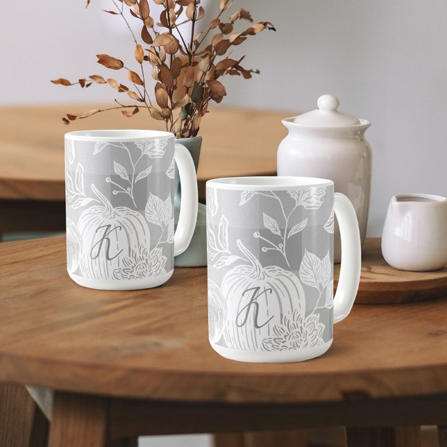 Caneca De Café Folhagem de outono Flores e Cinzas de Bombeiros (Fall Foliage Autumn Flowers & Pumpkins Grey Plaid Coffee Mug)