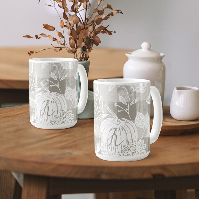 Caneca De Café Folhagem de outono Flores e Xadrezes de Sage de Bo (Fall Foliage Autumn Flowers & Pumpkins Sage Plaid Coffee Mug)