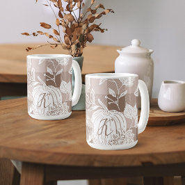 Caneca De Café Folhagem de outono Flores e Xadrezes de Taupe de B