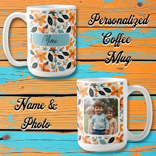 Caneca De Café Folhagem e Flores Laranja e Azul Personalizados