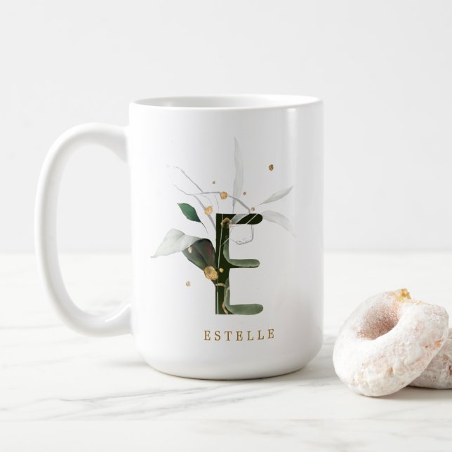 Caneca De Café Folhagem tropical Monograma - Letra "E" Personaliz (Com Donut)