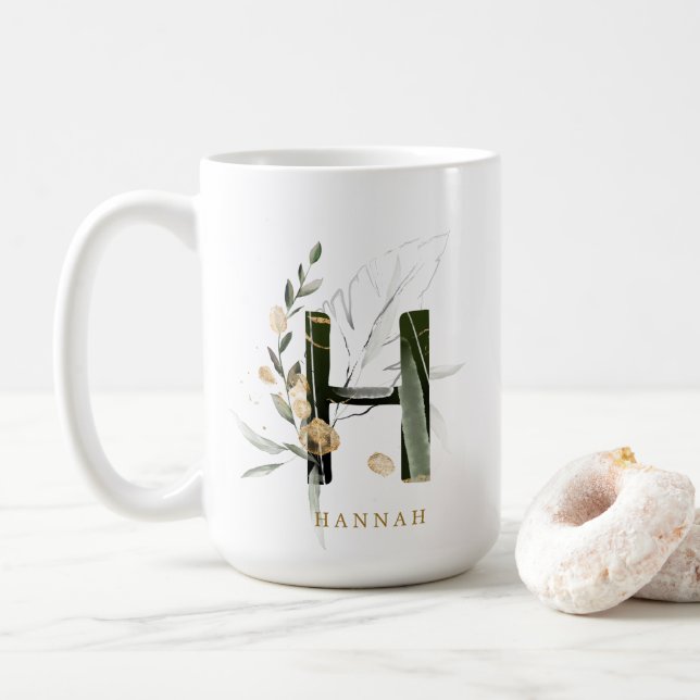Caneca De Café Folhagem tropical Monograma - Letra "H" Personaliz (Com Donut)