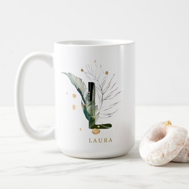 Caneca De Café Folhagem tropical Monograma - Letra "L" Personaliz (Com Donut)
