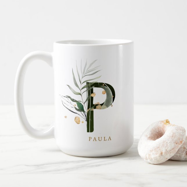 Caneca De Café Folhagem tropical Monograma - Letra "P" Personaliz (Com Donut)