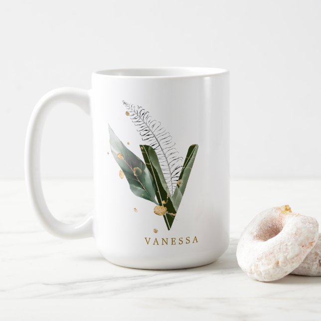 Caneca De Café Folhagem tropical Monograma - Letra V Personalizad (Com Donut)