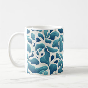 Caneca De Café Folhas Abstratas Brancas e Azuis   Padrão Costeiro