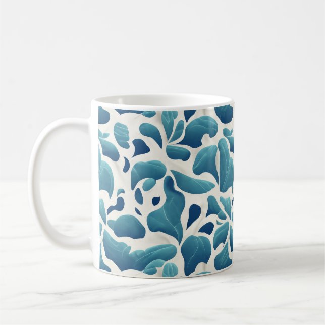 Caneca De Café Folhas Abstratas Brancas e Azuis | Padrão Costeiro (Esquerda)