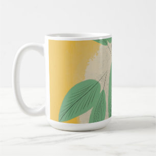 Caneca De Café Folhas Abstratas Verde Folhagem Ilustração Amarela
