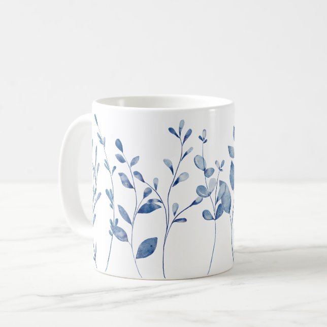 Caneca De Café Folhas Azul Aquarela (Frente Esquerda)