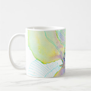 Caneca De Café Folhas Botânicas em Aquarela Amarelo Verde Pastel