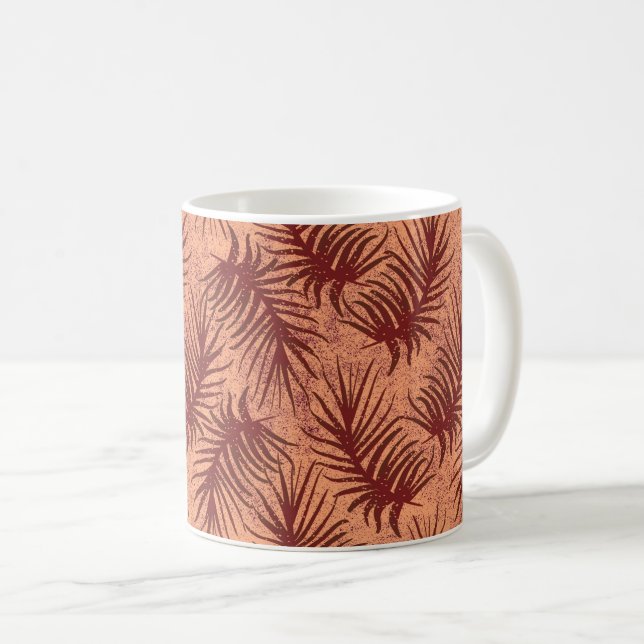 Caneca De Café Folhas castanho-vermelho sobre fundo malhado. (Frente Esquerda)