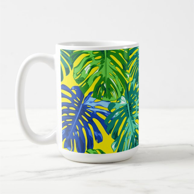 Caneca De Café Folhas da selva verde-azul-tropical Amarelo Monste (Esquerda)