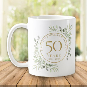 Caneca De Café Folhas de Aquarela Suave 50º Aniversário
