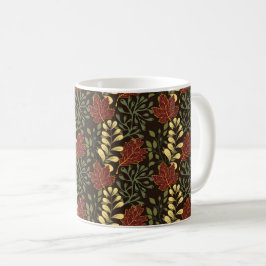 Caneca De Café Folhas de bordo vermelhas escuras em padrão floral
