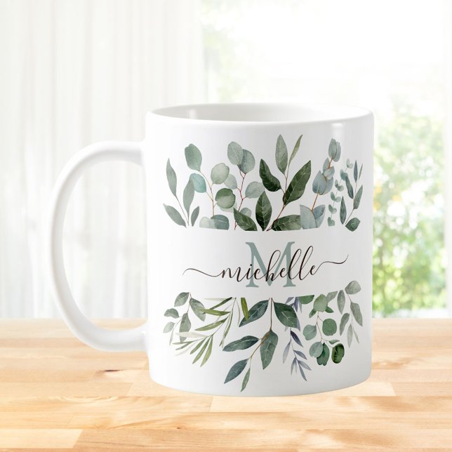 Caneca De Café Folhas de Eucalipto Verde Salvia com Monograma   (In situ)