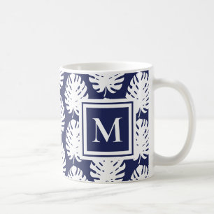 Caneca De Café Folhas de Monstera Azul Naval Monograma Tropical M