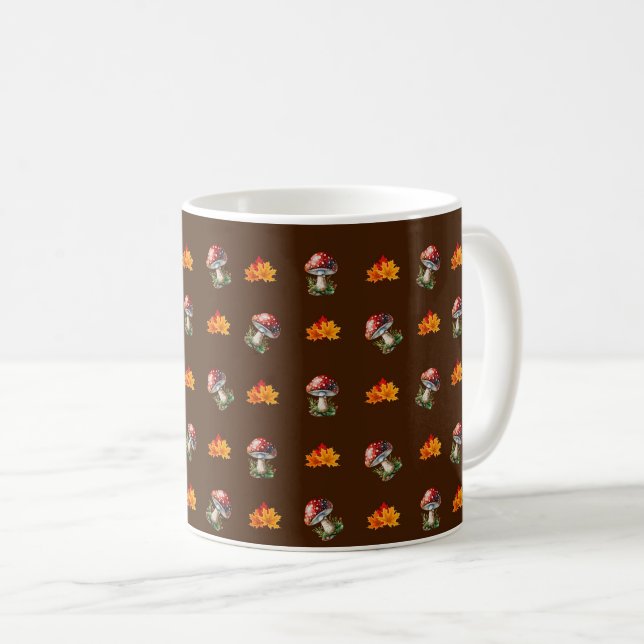 Caneca De Café Folhas de Outono de Moda Cogumelos Fungos Marrom (Frente Esquerda)