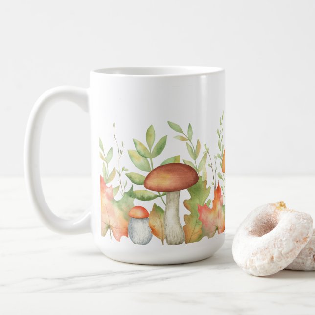 Caneca De Café Folhas de outono e Ilustração de Cogumelo (Com Donut)