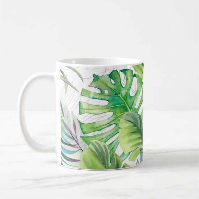Caneca De Café Folhas de palma de aquarelas, fundo sem soldadura  (Esquerda)
