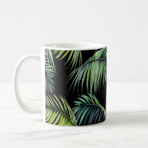 Caneca De Café Folhas De Palma: Fundo Preto De Cores Aquáticas.