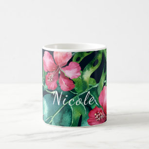 Caneca De Café Folhas de Palmeira Tropical Escura Flor de Hibisco